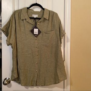 Short Sleeve Button Down Collared Top - Olive Green